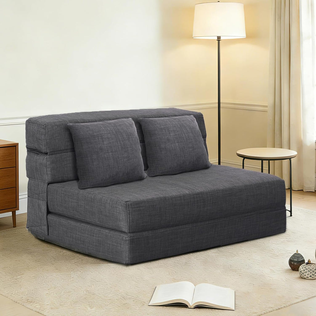 ANONER 60' Fold Sofa Bed Couch Memory Foam with 2 Pillows Futon Sleeper Chair Guest Bed and Fold Out Couch, Washable Cover Queen Size, Dark Gray
