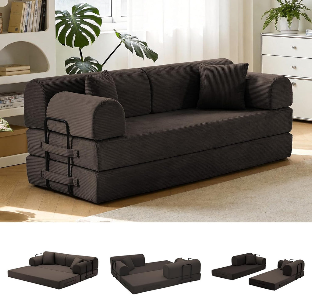 78.8' Convertible Sofa Bed with Detachable Arm Pillow, 6-in-1 Sectional Couches for Living Room, Corduroy Boneless Couch, Sleeper Loveseat Couch Bed, No Assembly, Brown Couch