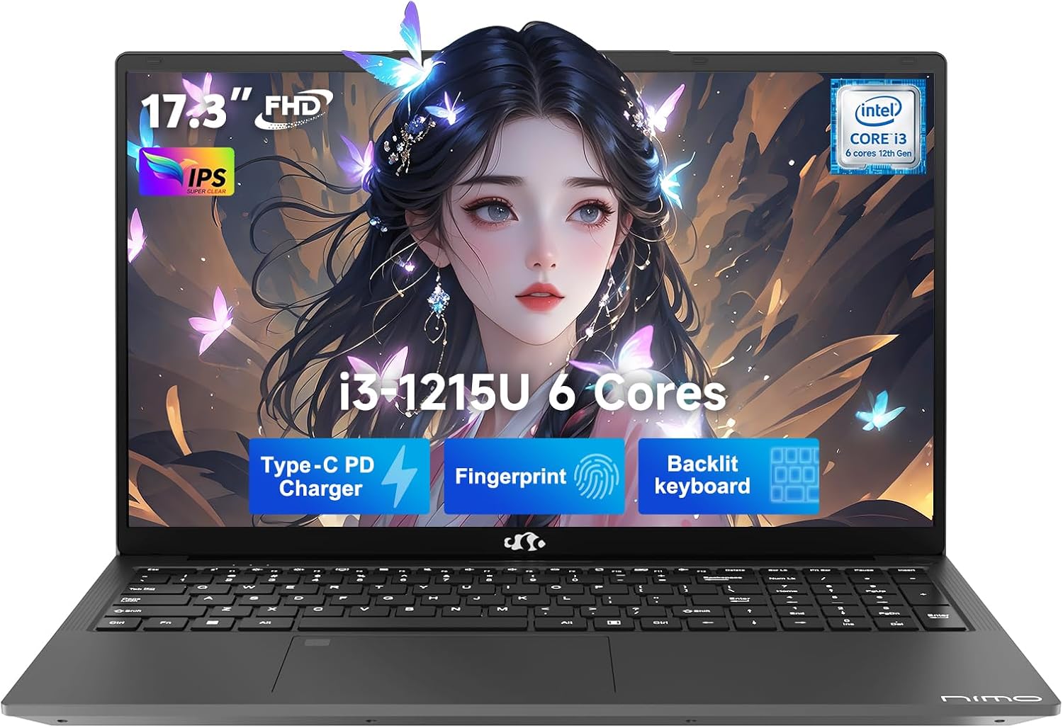 NIMO 17.3' IPS FHD-Student-Laptop, Intel 6 Cores i3-1215U 64GB RAM 1TB SSD (Beat 5 7520U, Up to 4.4GHz) Computer with 65W Type C Fingerprint Backlit Keyboard Wi-Fi 6 BT5.2, for Home and Business