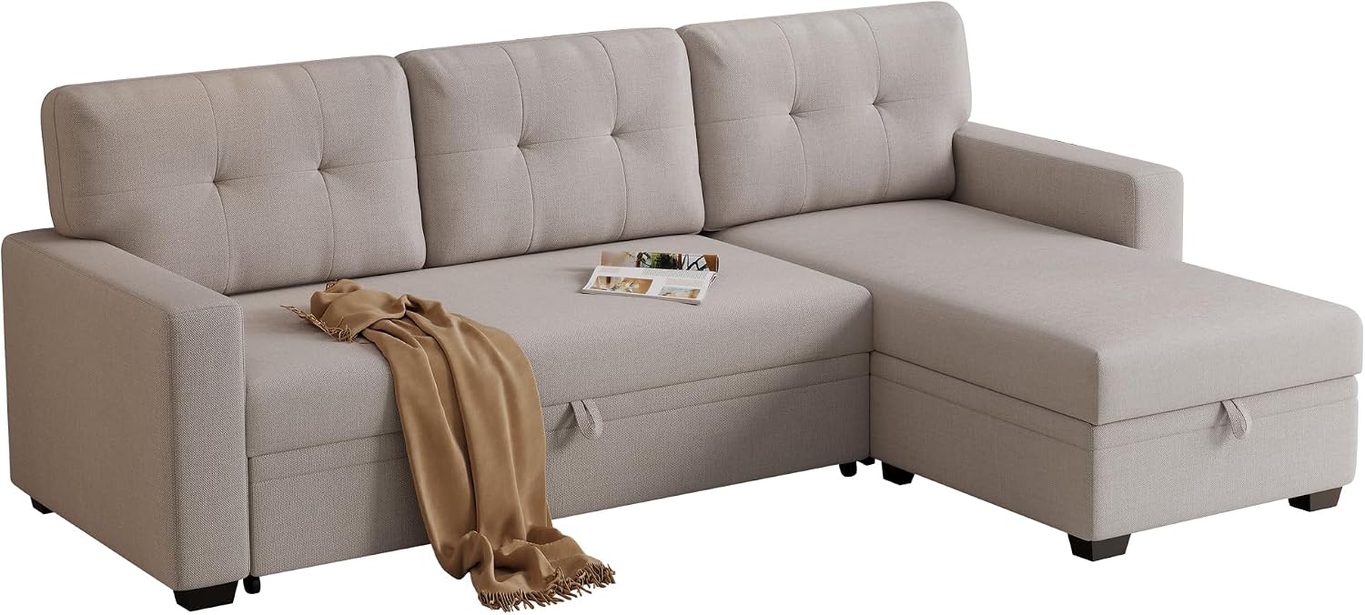 Ball & Cast Convertible Sectional Sleeper Sofa Bed L Shaped,4 in 1 Pull Out Couch with Reversible Storage Chaise & Removable Back Cushions,Sleeper Corner Pull Out Sofa Bed Couch for Living Room,Office