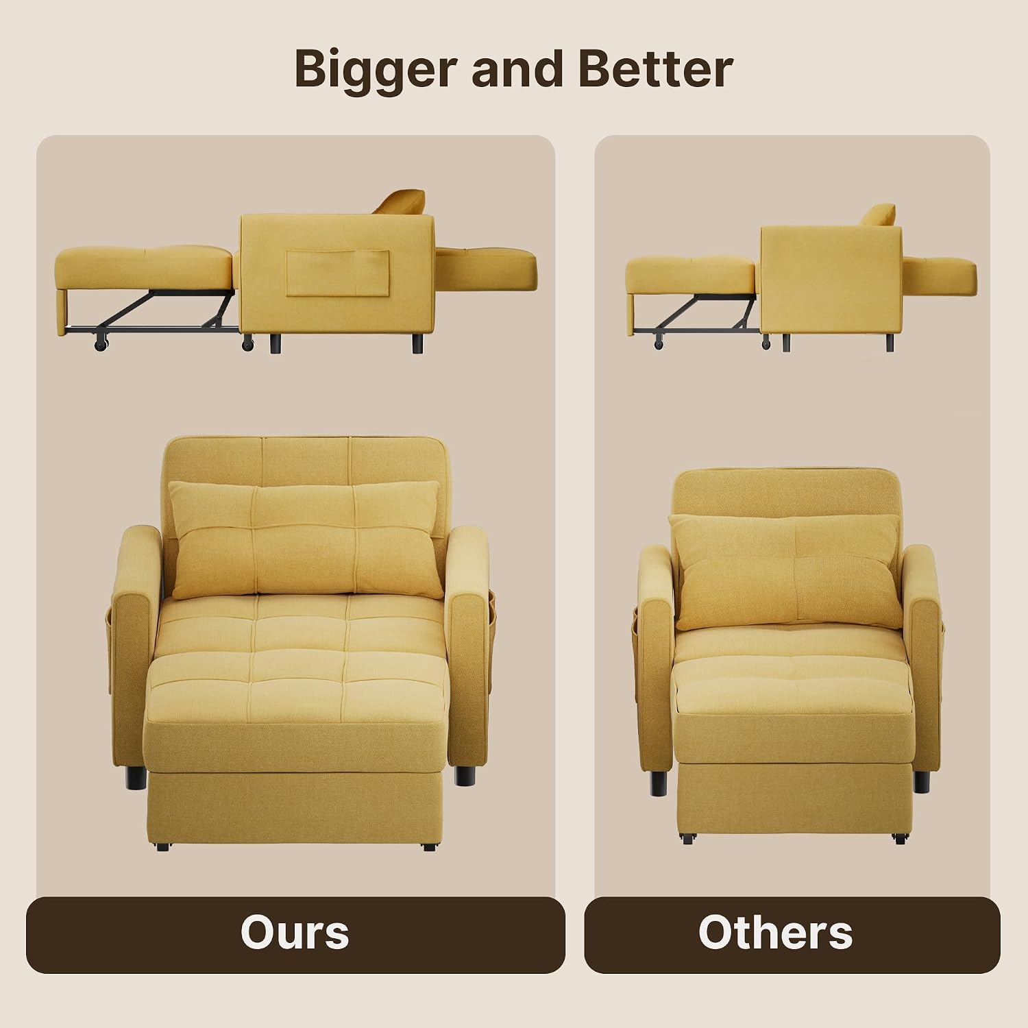 Gizoon Sofa Bed Chair 3 in 1 Convertible, Pullout Single Sleeper Chair Bed with Adjustable Backrest, Spacious Multifunctional Sofa Couches for Living Room, Bedroom, Apartment