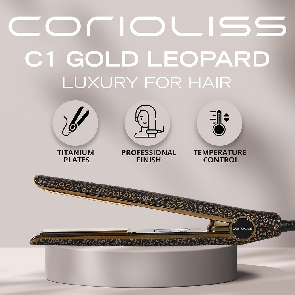 Corioliss C1 Flat Iron Hair Straightener Professional Titanium Plates Temperature Control Travel Case (Leopard Gold Soft Touch)