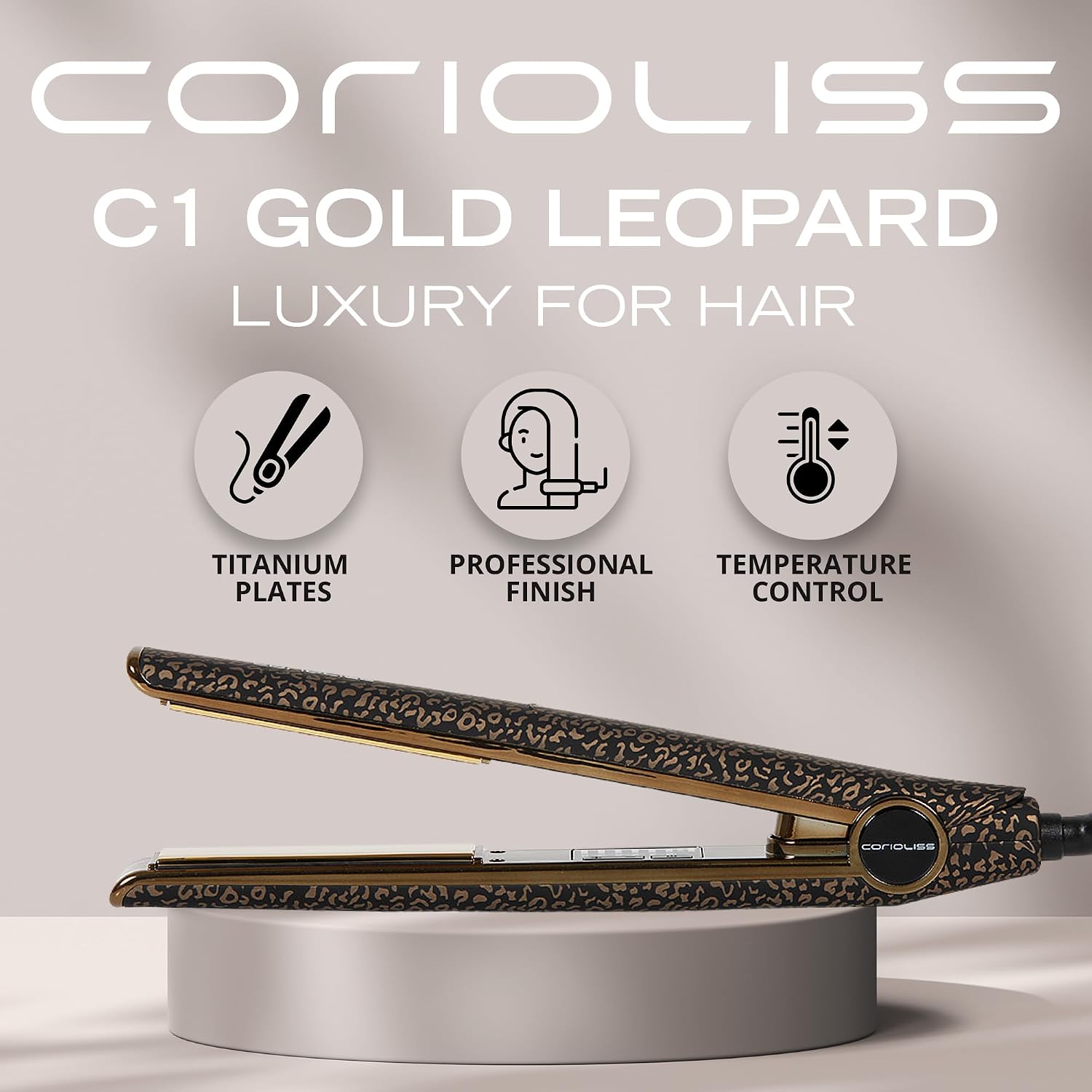 Corioliss C1 Flat Iron Hair Straightener Professional Titanium Plates Temperature Control Travel Case (Leopard Gold Soft Touch)
