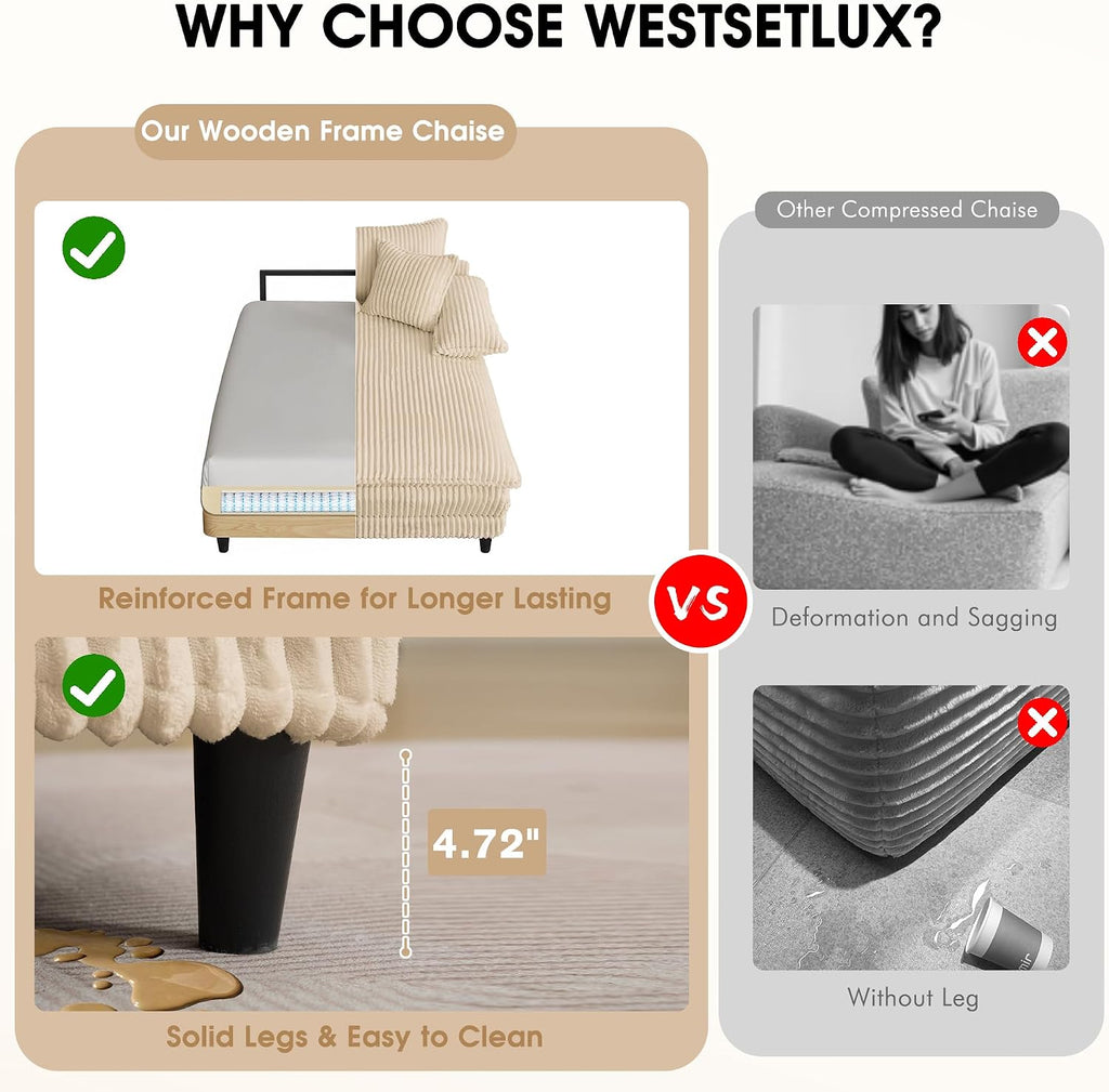 WESTSETLUX 54.8' W Oversized Chaise Lounge Chair Indoor with 5-Position Adjustable Backrest, Corduroy Sleeper Sofa Bed with 3 Pillows, Modern Cloud Couch Chair for Living Room, Bedroom, Khaki