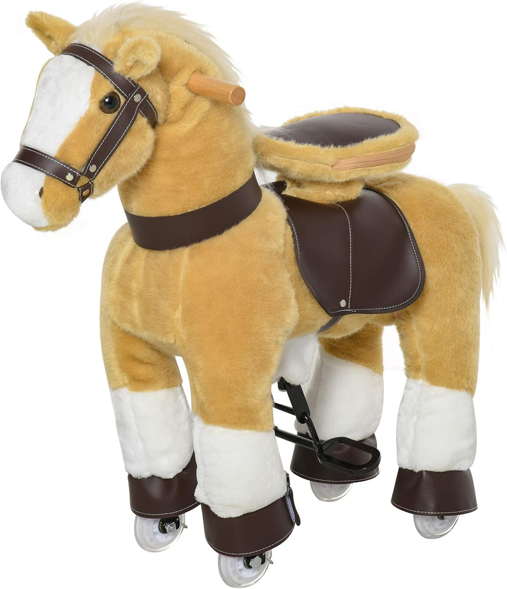 Qaba Ride on Horse, Plush Walking Horse Toy, Kids Riding Chair with Wheels for Kids 3-8 Years, Light Brown