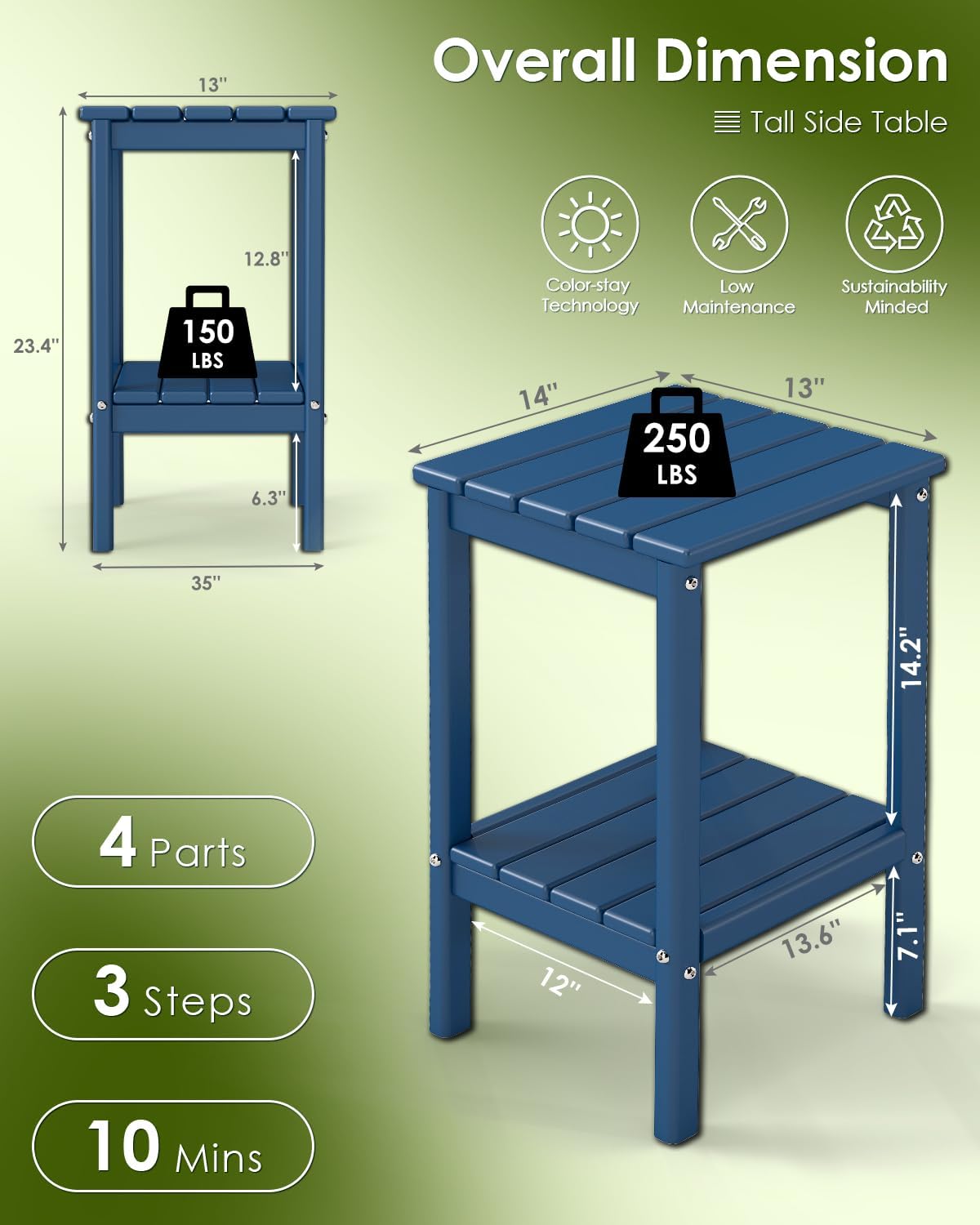 GREENVINES Tall-Outdoor-Side-Table Set of 2 | 23.5' | HDPE Plastic | Patio Adirondack End Tables | All Weather | 2-Tier | Blue | for Porch Garden Indoor & Rocking Chairs