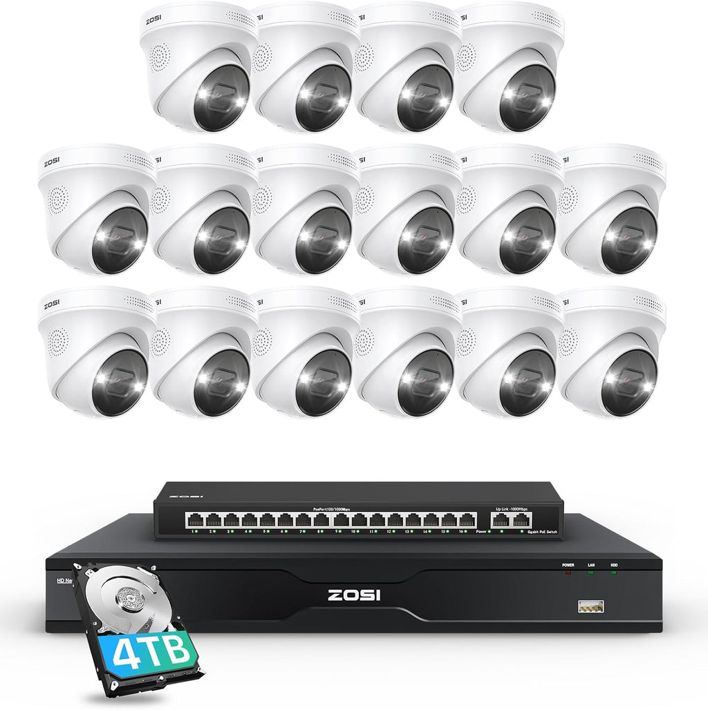 ZOSI 32CH 4K PoE Security Camera System, Face Person Vehicle Detection, 2 Way Audio, Spotlight Siren, 16pcs 4K Outdoor Indoor Cameras, 16 Ports PoE Switch, 32CH 8MP NVR with 4TB HDD for 24/7 Recording