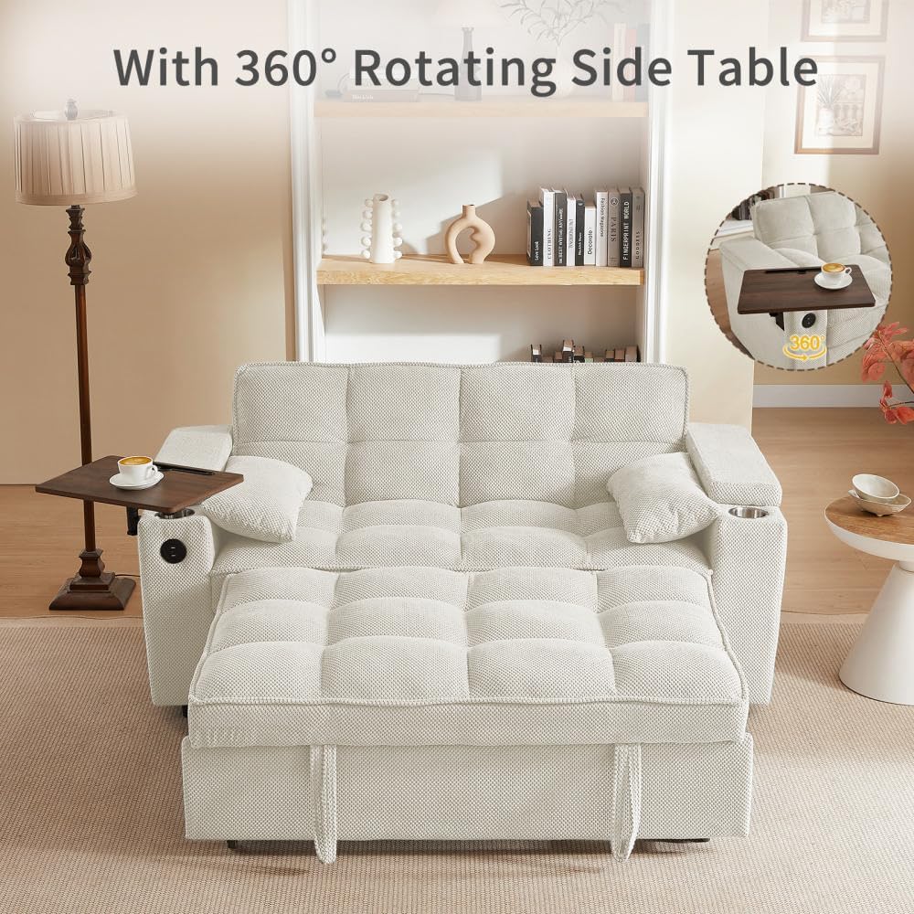 Auvsoce 65'' Convertible Sleeper Sofa Bed with Adjustable Backrest, Chaise Lounge, Side Table & USB/Type-C Ports – Stylish & Functional Addition to Any Living Room (Modern Beige Sofa Bed)