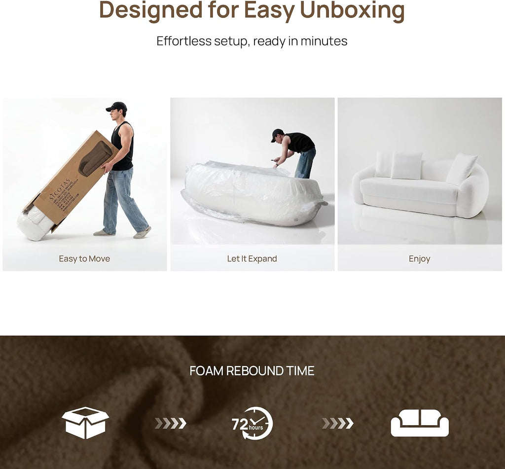 SICOTAS 90.6' Curved Convertible Sofa Couch Bed for Living Room Futon Cloud Boneless Sleeper Sofa Pull Out Floor Couch with Deep Seat Modern 3 Seater Foam Bed No Assembly for Bedroom Apartment, White