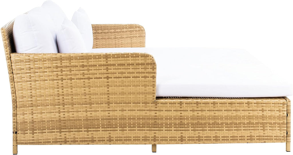 SAFAVIEH Outdoor - Cadeo Daybed - Natural & White - Steel Frame with Cushion - Deep-Seat Resort Design with Pillows - Ideal for Patio, Deck, Poolside, Backyard (PAT7500D)