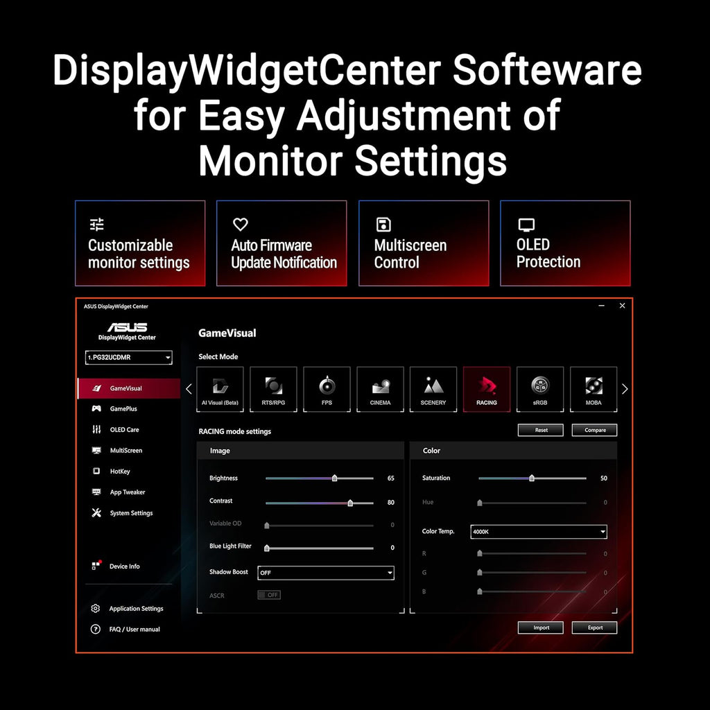 ASUS ROG Swift OLED PG32UCDMR, 31.5' Gaming Monitor, 4K QD-OLED (3840 x 2160), 0.03ms (GTG), 240Hz, Compatible with G-Sync, USB-C and USA-A Ports, DisplayPort, HDMI, DisplayWidget Center, Black