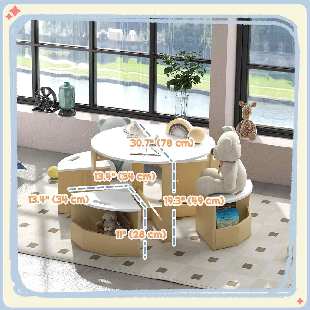 Qaba Toddler Table and Chairs Set, 5 Pieces Round Kids Activity Table with Storage for Play, Art, Craft, Drawing, Playroom, Classroom, Nursery, White