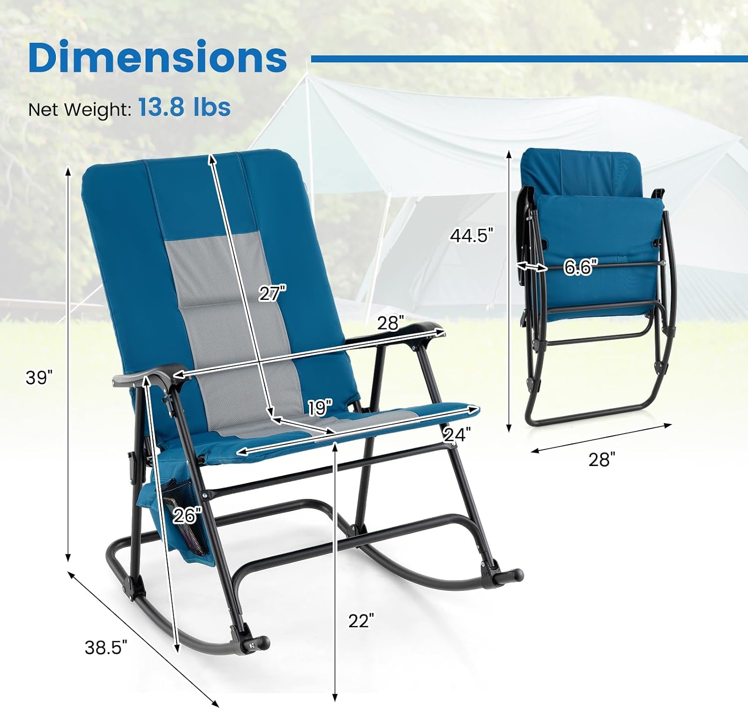 Tangkula Folding Rocking Chair Set, Foldable Camping Rocking Chair with Padded Seat High Back & Armrest, Support 350 lbs, Portable Chair for Indoor Outdoor Patio Lawn Backyard (2, Blue)