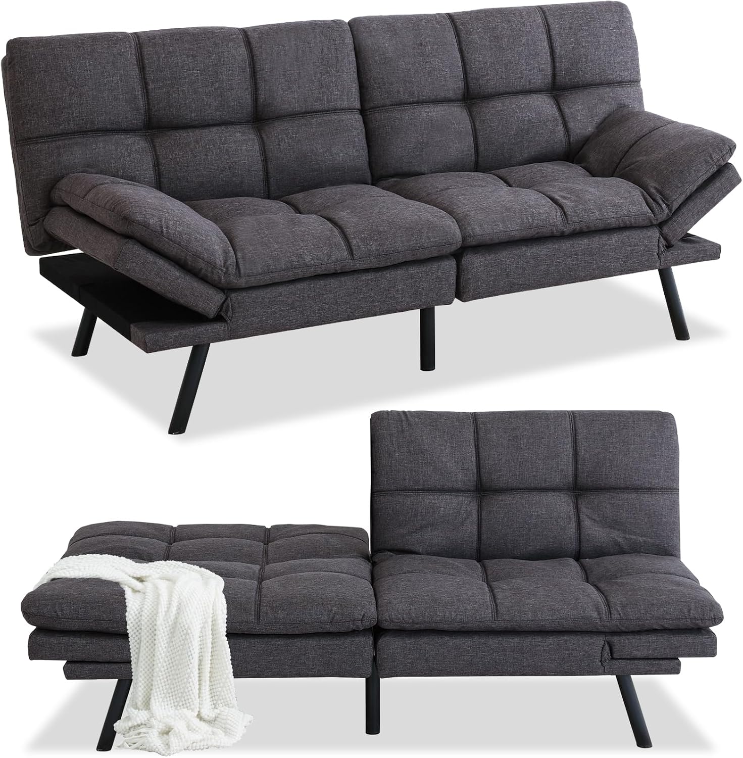 Opoiar Futon Sofa Bed Modern Memory Foam Sleeper Sofa Convertible Grey Couch Adjustable Armrest&Backrest Leather Futon for Living Space,Apartment,Office Sofabed