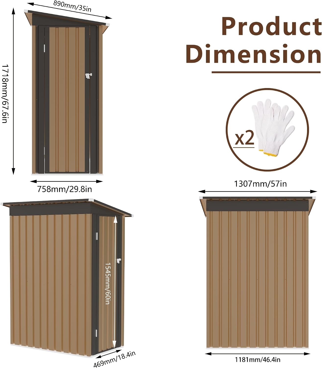 KEIKI 5x3 FT Metal Storage Shed with Pent Roof & Side Hinge Door, Small Outdoor Storage Shed for Garden Tools, Backyard Metal Shed for Patio or Tiny House Use, Brown