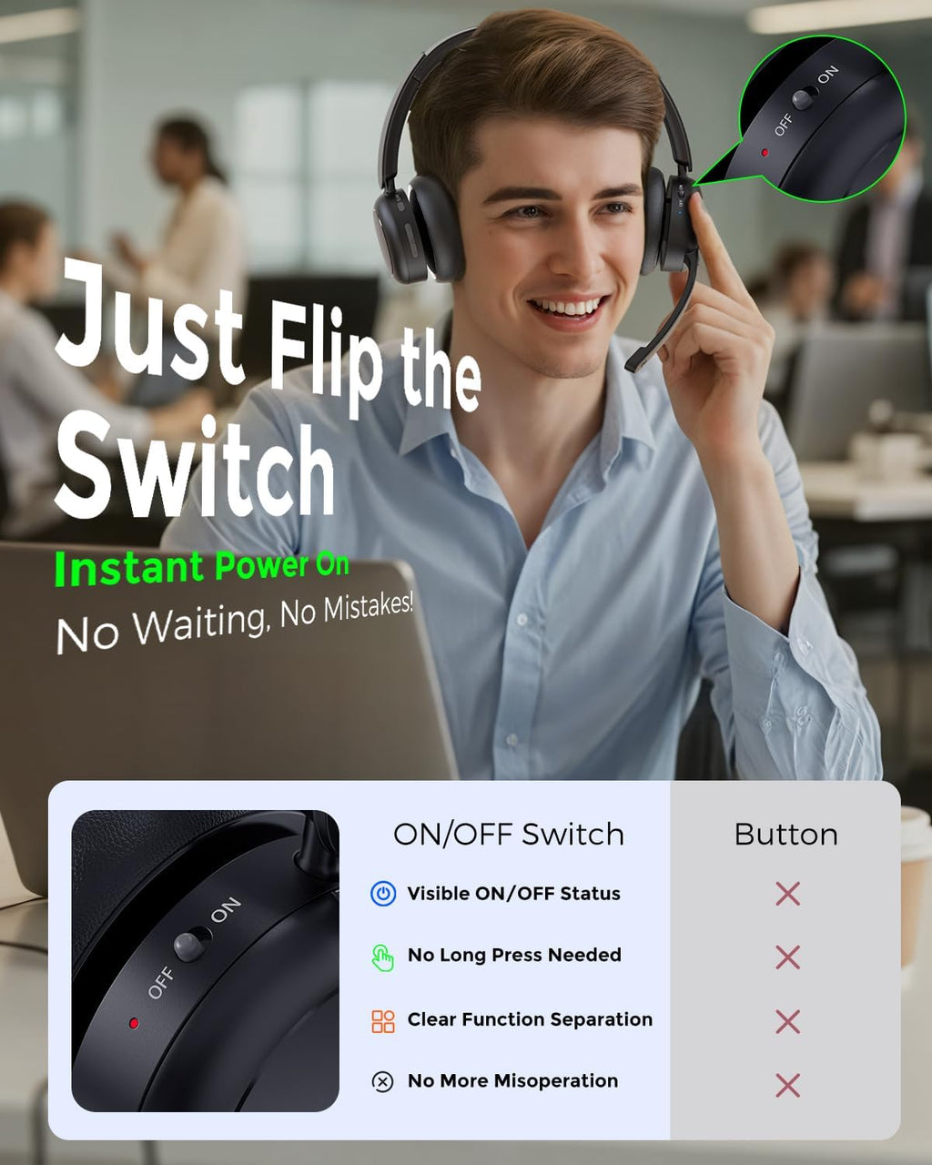 Bluetooth Headset, Wireless Headset with Mic for Work, Qualcomm Dongle, 5.4 Headsets with Microphone for Work, Wireless Noise Cancelling Headphones (Black)