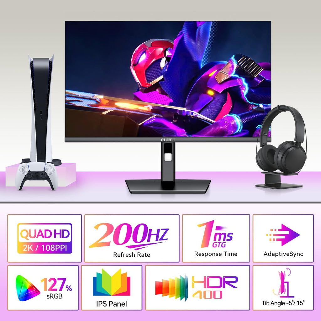 CUNPU 27 Inch 1440p Gaming Monitor 200Hz, 1ms, Fast IPS Screen, HDR400, 127% sRGB Color Gamut, Tilt Adjustable Stand, Adaptive Sync Technology, HDMI & DP Ports, 2K Monitor, Black