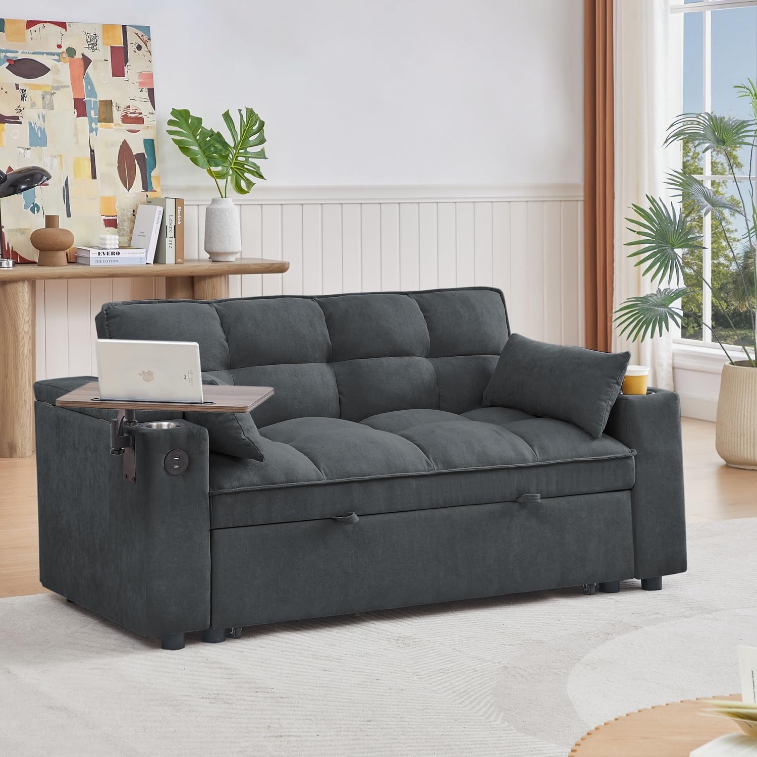 oaaktu 65''Convertible Sleeper Sofa Bed,3-in-1 Pull Out Couch Bed with 360 Degree rotatable Side Table and USB Ports for Living Room,RV (07Dark Grey)