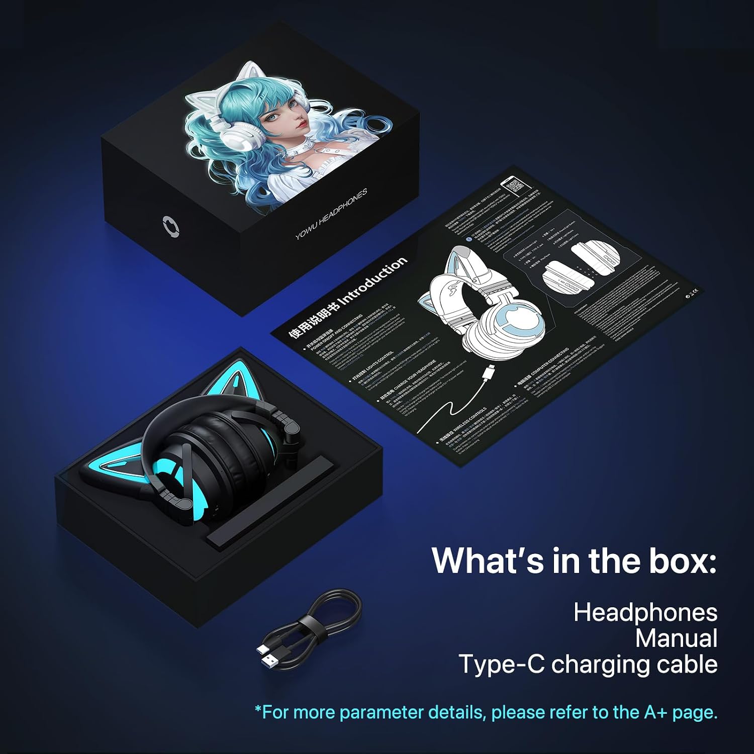 YOWU Cat Ear Headphones, Cute Cat Ear Gaming Headsets with Bluetooth 5.2 for PC/PE/Switch/PS4/PS5, Built-in Mic & Customizable RGB Light Effect for Anime Lovers(CE Black)