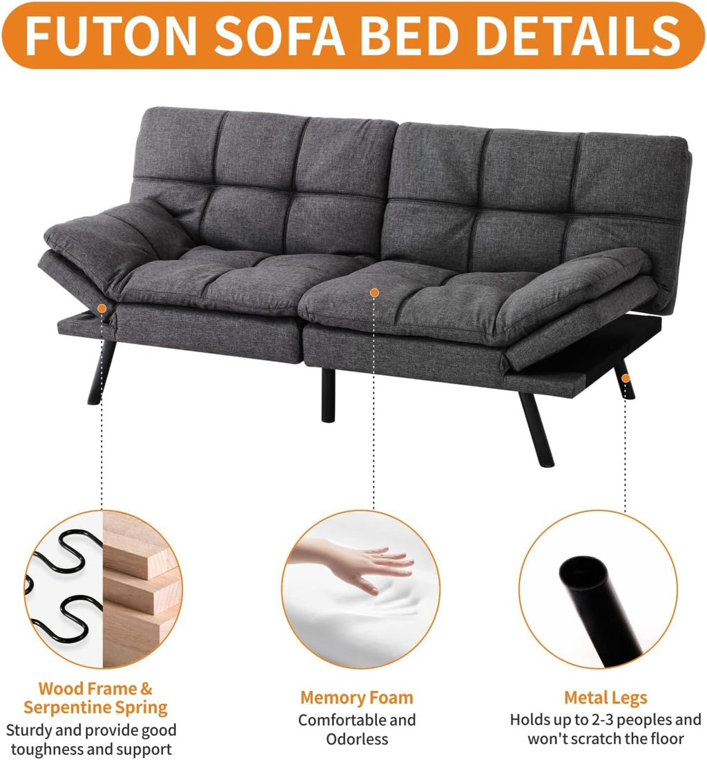 MUUEGM 71-Inch Convertible Futon Sofa Bed with Adjustable Backrest & Removable Armrests, Foldable Sleeper Loveseat for Small Space Living Room, Studio Apartment, Home Office，Deep Gray