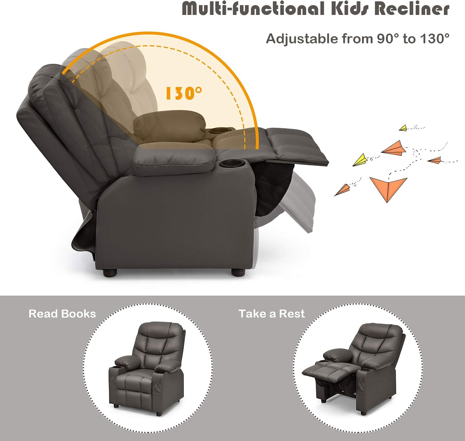 GLACER Kids Recliner Chair w/Cup Holder & Side Pockets, Children Recliner w/Comfortable Backrest, Armrests & Footrest, Toddler PU Leather Recliner for Boys Girls, 3+ Age Group (Brown)