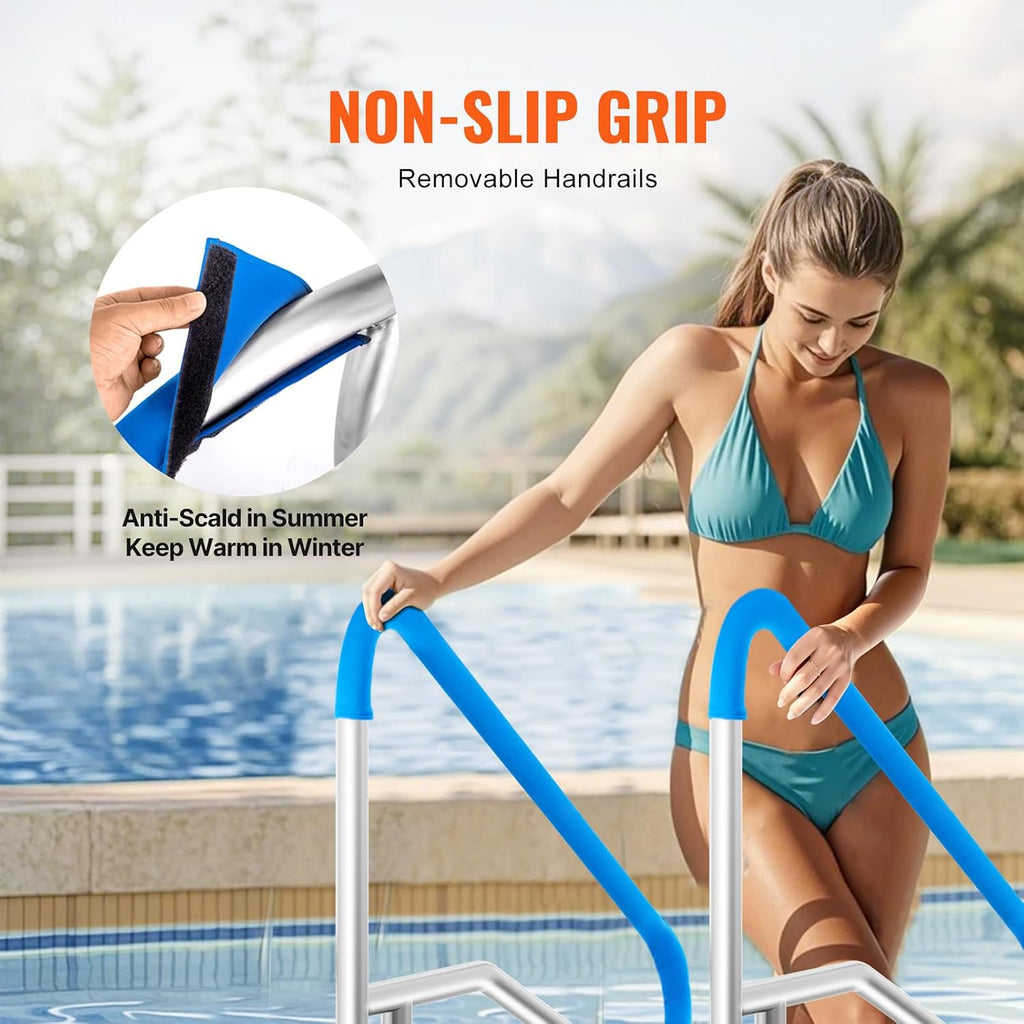 VEVOR Pool Rail 54x36 Pool Railing 304 Stainless Steel 250LBS Load Capacity Silver Rustproof Pool Handrail Humanized Swimming Pool Handrail with Blue Grip Cover & M8 Drill Bit & Self-Taping Screws
