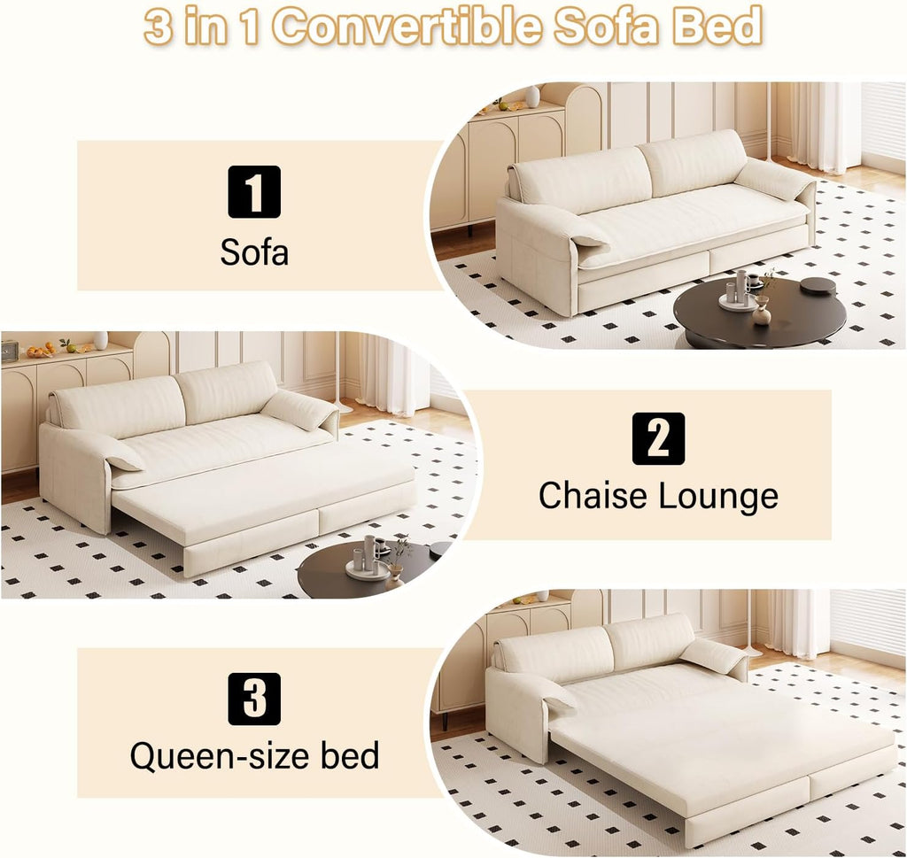 66' Sleeper Sofa Bed Queen Size, 3-in-1 Convertible Couch, Modern Pull Out Couches, Comfy Velvet Futon Sofa, Cloud Loveseat Lounge, Pillow Arm, for Small Spaces, Living Room, Apartment, Beige