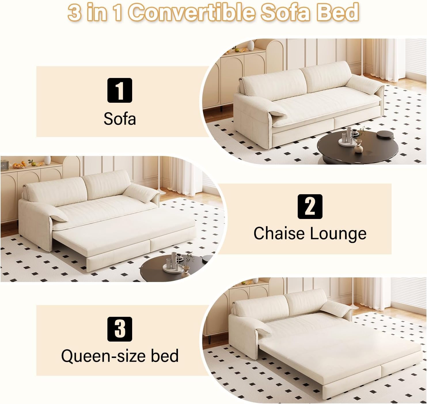66' Sleeper Sofa Bed Queen Size, 3-in-1 Convertible Couch, Modern Pull Out Couches, Comfy Velvet Futon Sofa, Cloud Loveseat Lounge, Pillow Arm, for Small Spaces, Living Room, Apartment, Beige