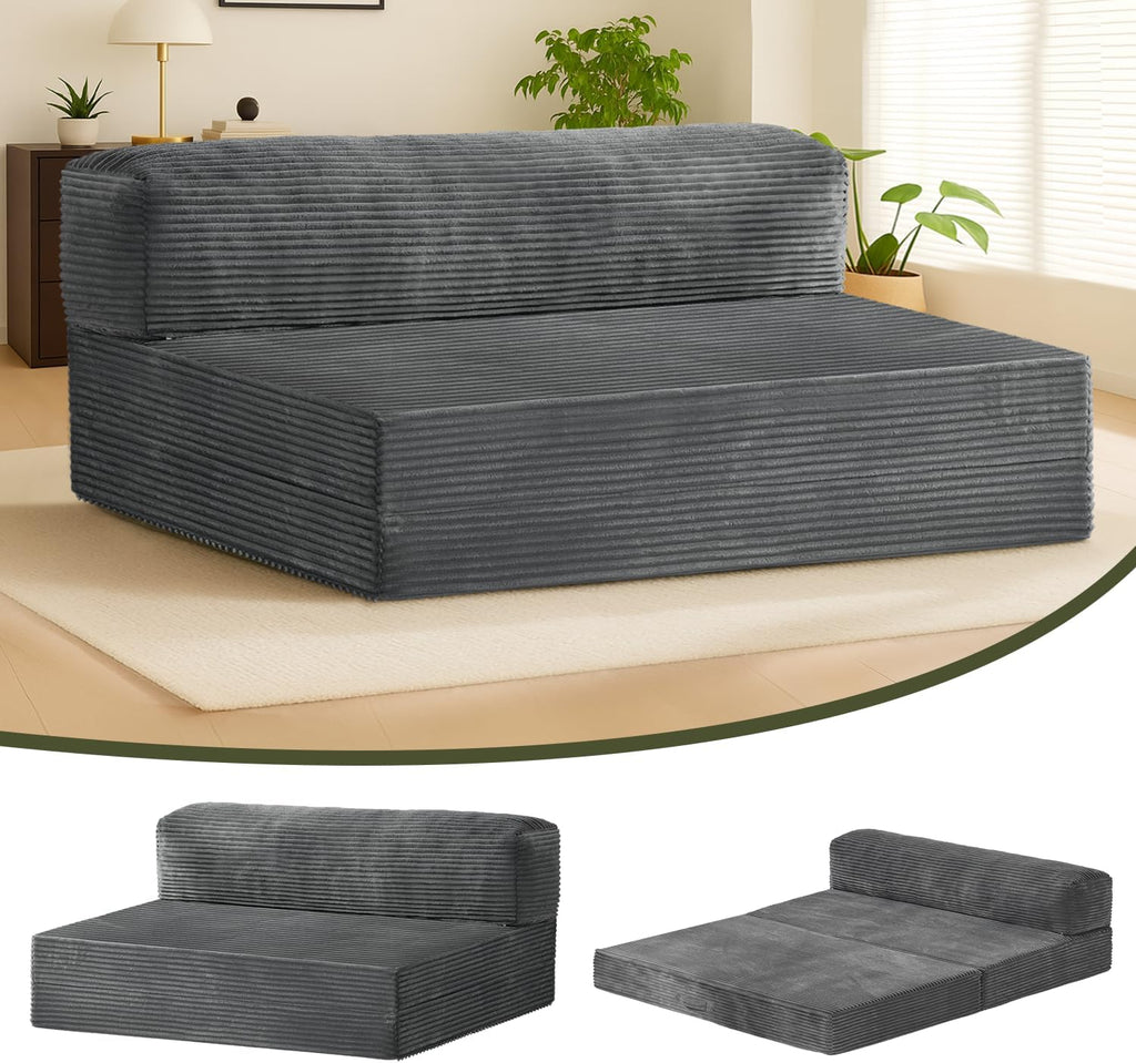6-inch Convertible Sofa Bed, Floor Bed & Sleeping Couch with Removable Corduroy Cover & Carry Handles, High-Density Foam (Grey, Queen)