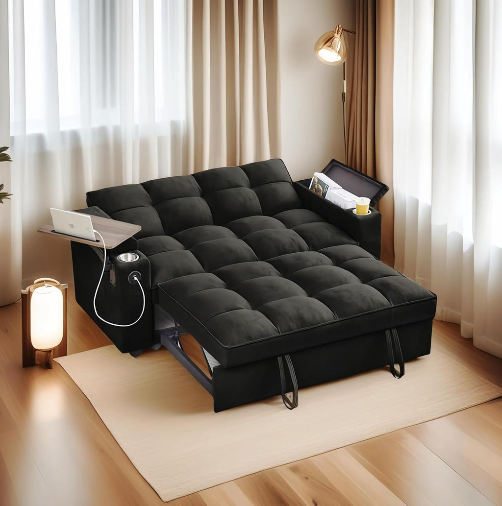 oaaktu ﻿ 65''Convertible Sleeper Sofa Bed,3-in-1 Pull Out Couch Bed with 360 Degree rotatable Side Table and USB Ports for Living Room,RV (07Black)