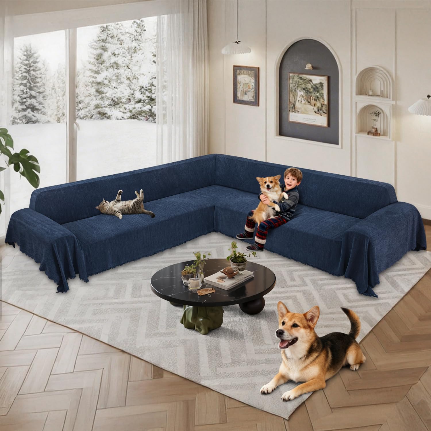 1OO% Waterproof Corner Sectional Couch Covers L Shape Chenille Sectional Sofa Cover with Tassel Soft Thick Washable Sofa Slipcover Furniture Protector for Dogs Pets (91' x 252', Navy Blue)