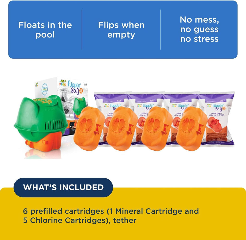 Flippin' FROG XL Floating Sanitizer System for Pools 5,000 to 10,000 Gallons - Prefilled Floater with Sanitizing Minerals and Chlorine for Easy Pool Treatment & Maintenance - 4 Month Bundle