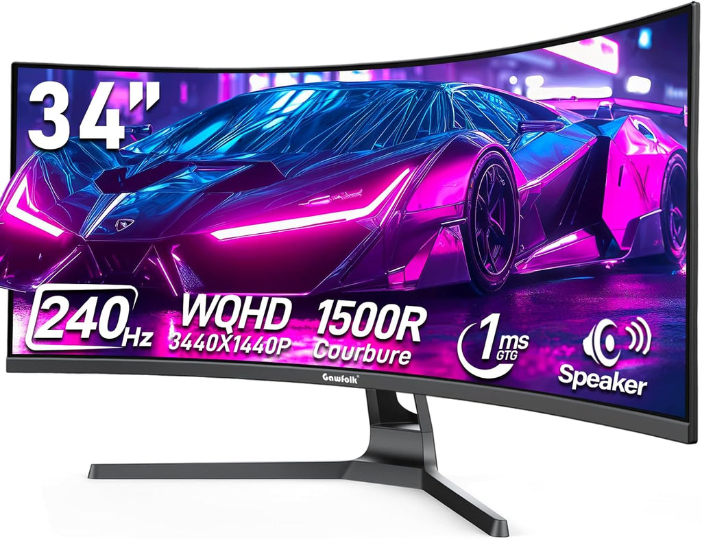 Gawfolk 34 Inch Curved Gaming Monitor, 240Hz Ultrawide PC Monitors Built-in Speakers, UWQHD (3440x1440) 1500R Computer Screen mit FreeSync, HDMI 2.0 & DP 1.4, Wall Mountable