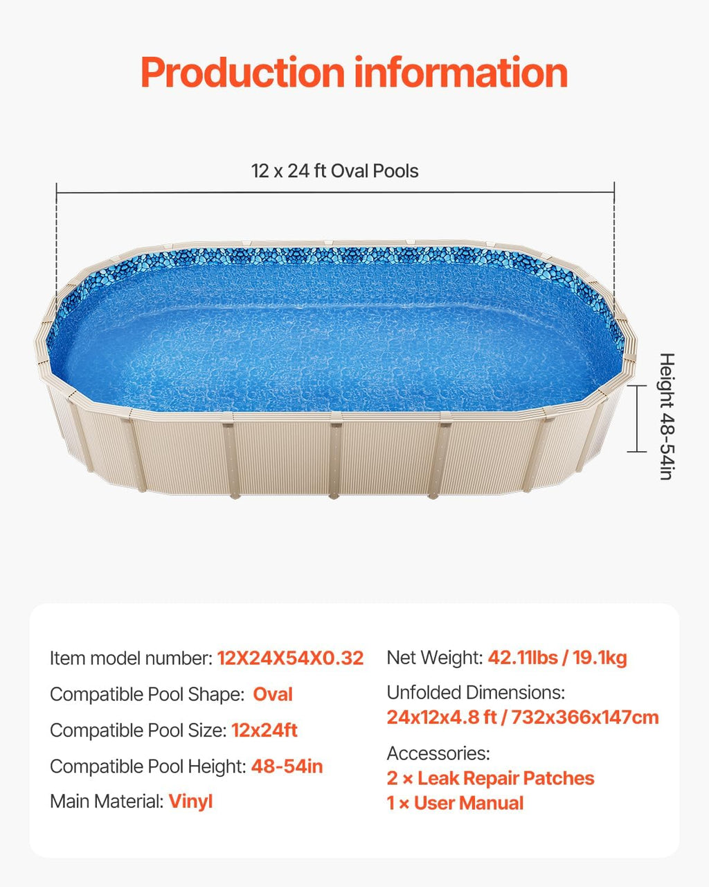 VEVOR 12 x 24 ft Oval Pool Liner, Overlap Style Above Ground Pool Liners, 48-to-54inch Wall Height, Durable Pool Liner, Standard Gauge Vinyl, for Steel Sided Above-Ground Swimming Pools