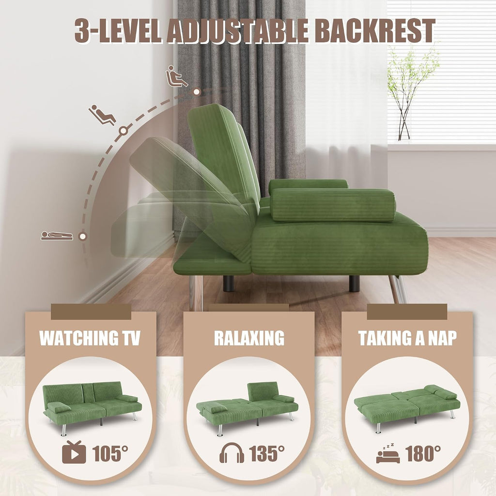YESHOMY Futon Sofa Bed, Futon Couch with Adjustable Backrest, Convertible Sleeper Sofa with Removable Armrests, Loveseat in Corduroy with 2 Cup Holders for Living Room, Apartment (Green)