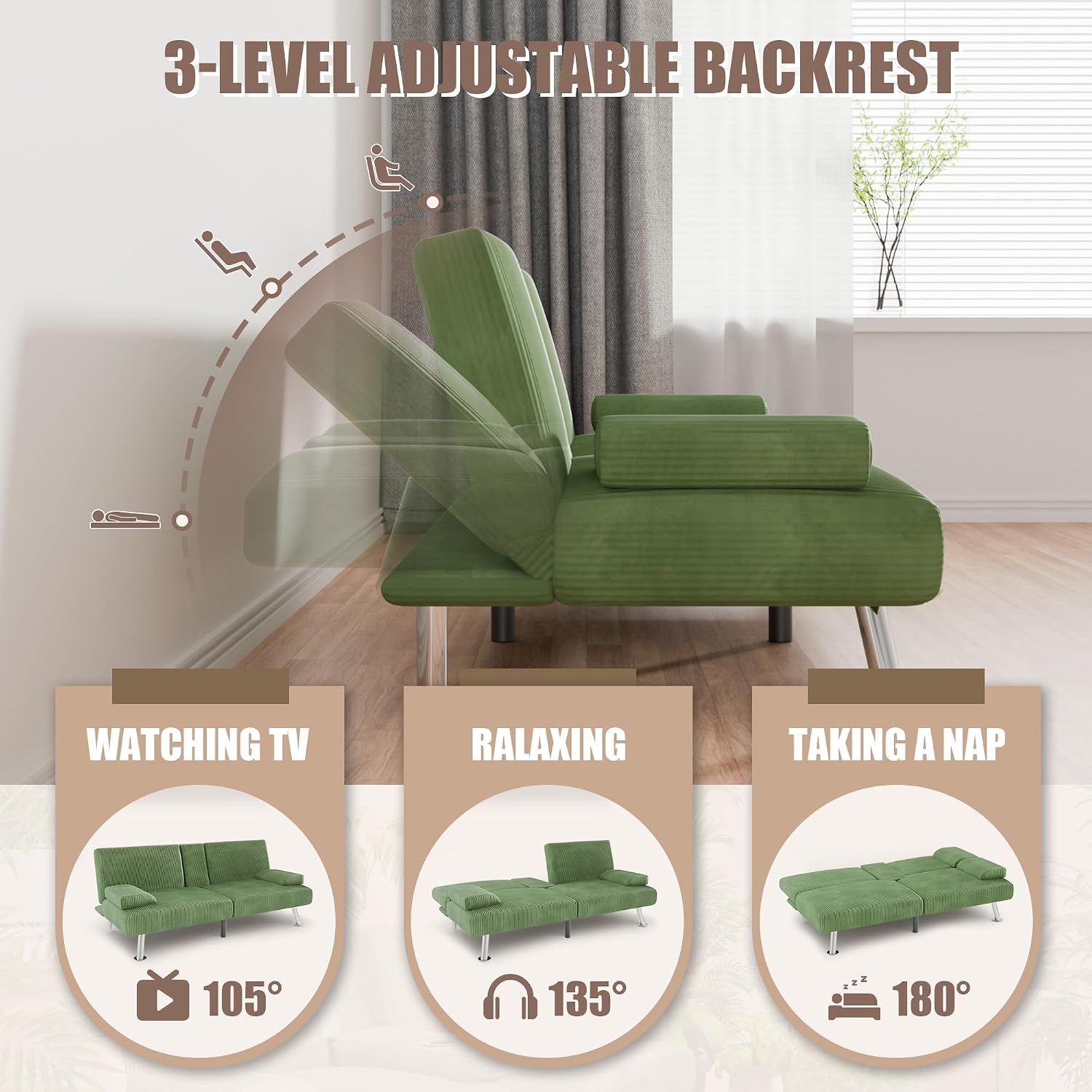 YESHOMY Futon Sofa Bed, Futon Couch with Adjustable Backrest, Convertible Sleeper Sofa with Removable Armrests, Loveseat in Corduroy with 2 Cup Holders for Living Room, Apartment (Green)