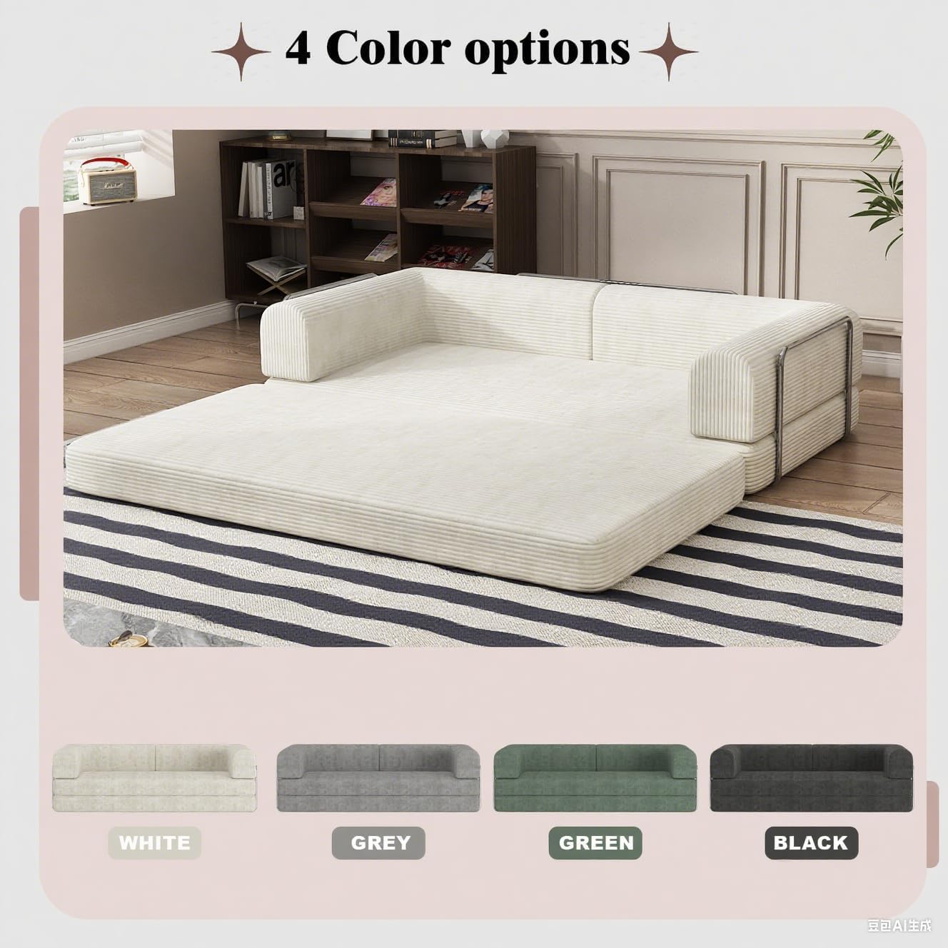 Convertible Corduroy Sleeper Sofa Bed,Folding Mattress Couch with Fixed-Shape Frame, 3 Seater Fold Out King Size Futon,No Assembly Floor Couch for Living Room Dorm Studio 78.7*39.4*29.6 Inch Beige