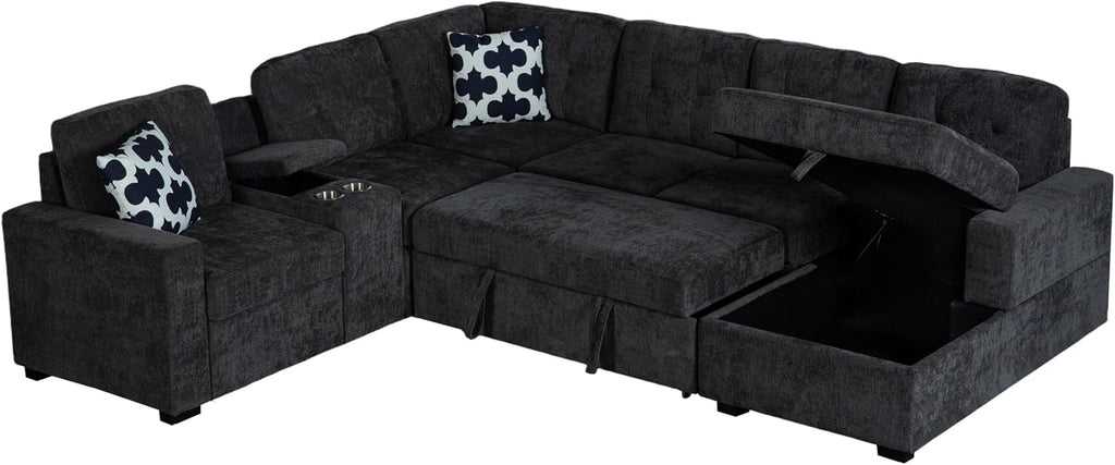 Ball & Cast L-Shape Convertible Sectional Sleeper Sofa Bed 2 in 1 Pull Out Couch with Storage Chaise & Cup Holders,6 Seat Chenille Upholstered Reversible Sleeper Corner Couch for Living Room,Dark Gray