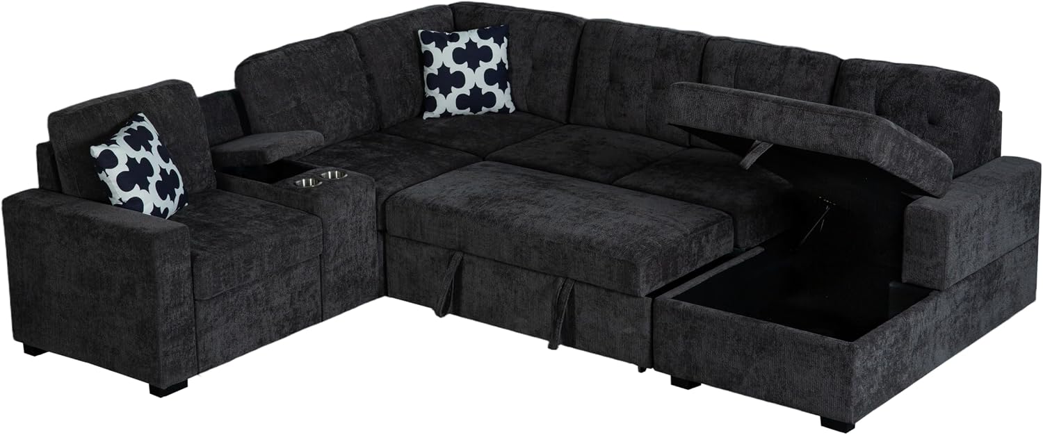 Ball & Cast L-Shape Convertible Sectional Sleeper Sofa Bed 2 in 1 Pull Out Couch with Storage Chaise & Cup Holders,6 Seat Chenille Upholstered Reversible Sleeper Corner Couch for Living Room,Dark Gray