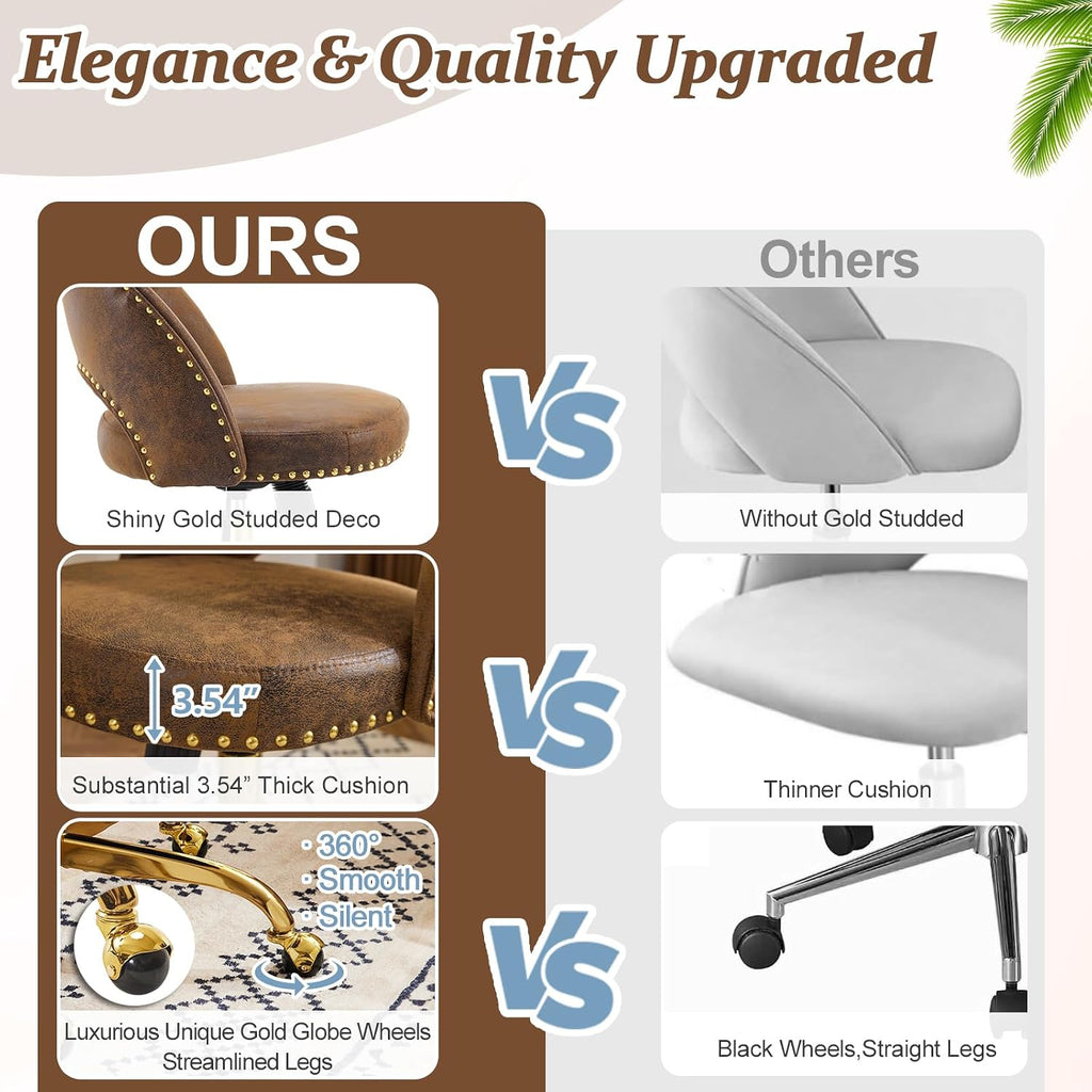 VINGLI Modern Velvet Small Office Chair,Cute Desk Chair with Wheels,Gold Base/Studs, Comfy Armless Swivel Vanity Task Chair for Women/Girl/Kids, Nail Tech Chair for Bedroom,Small Space,Rustic