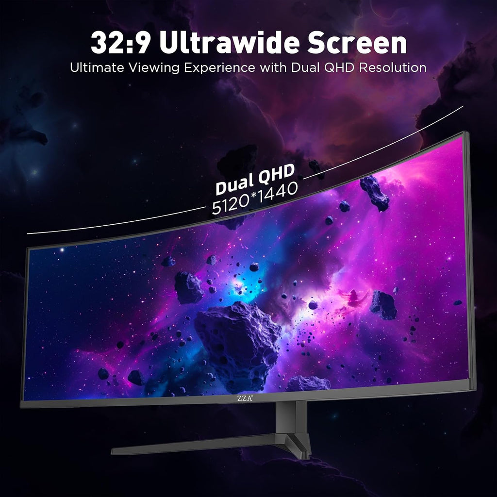 ZZA 49 Inch Ultrawide Curved Gaming Monitor, 165Hz, DQHD 5120x1440P, 1500R, Ultra-Wide 32:9 Screen, HDMI 2.0&DP1.4, 1ms MPRT, HDR, FreeSync G-Sync Compatible, VESA Compatible, Height/Tilt Adjustable