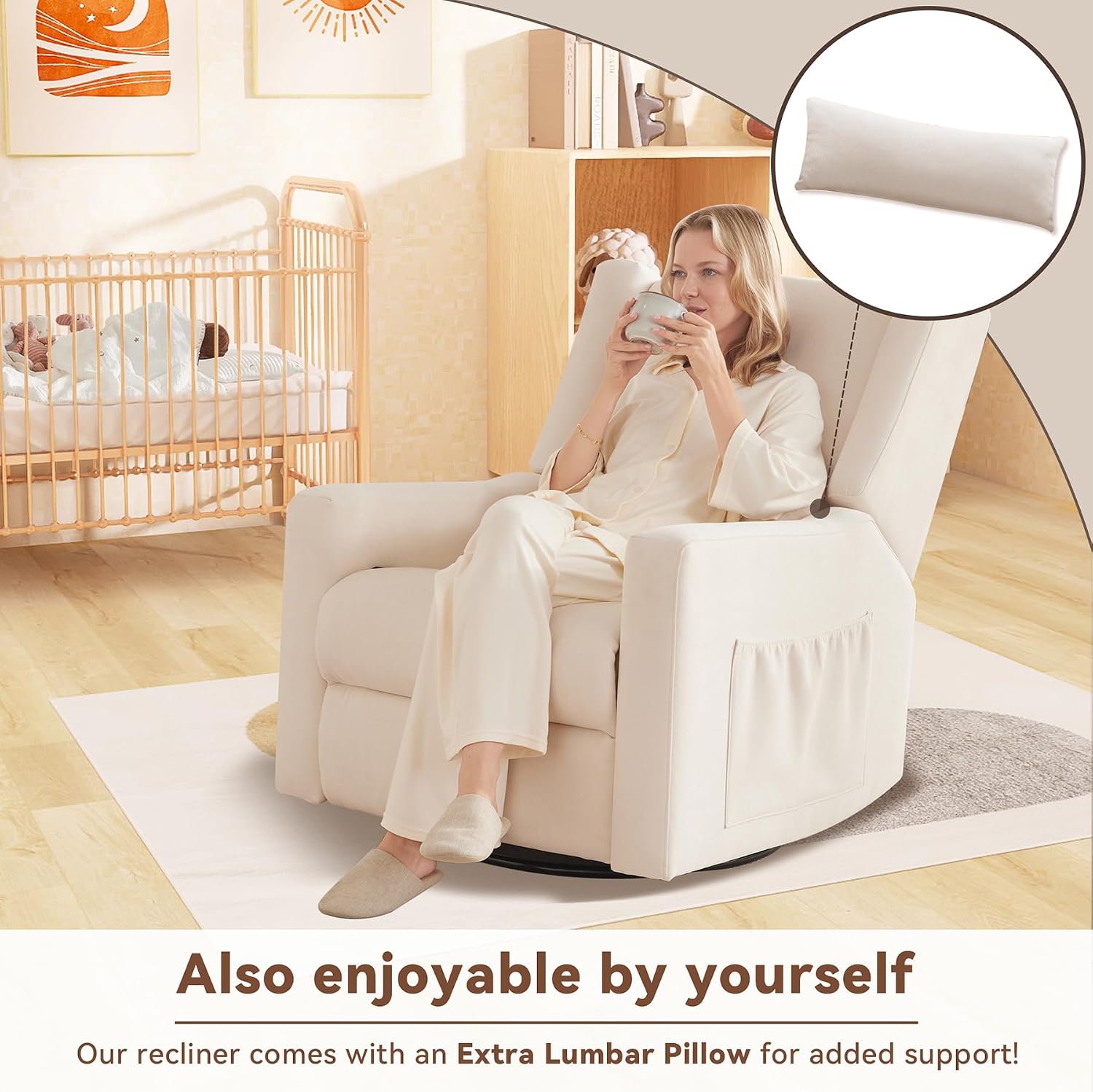 Tbfit Nursery Rocking Chair, 360° Swivel Recliner Chair with Lumbar Support for Bedroom, Comfy Upholstered Armchair with Pillows & Footrest for Living Room & Baby Room