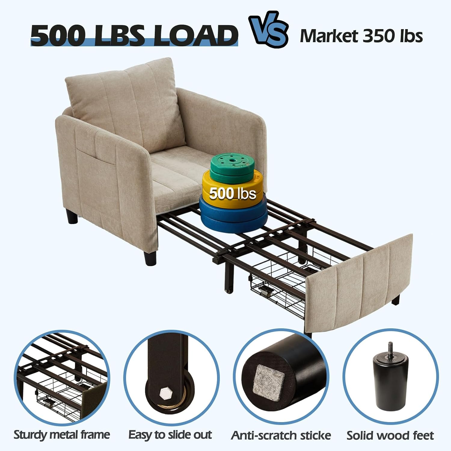 ZZW Sleeper Chair 84' Extra Long Convertible Chair Bed Upgraded 3-in-1 to 4-in-1 Pull Out Chair & Single Sofa Bed for Adult Sleeping Chairs for Living Room & Small Space
