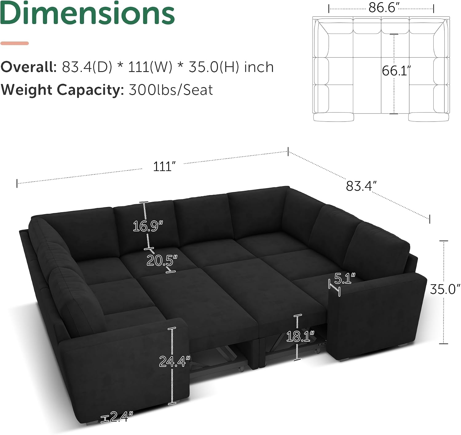 HONBAY Sleeper Sectional Couch with Pull Out Bed, Velvet Modular Sofa with Storage, U Shaped Sectional Couches for Living Room, Black