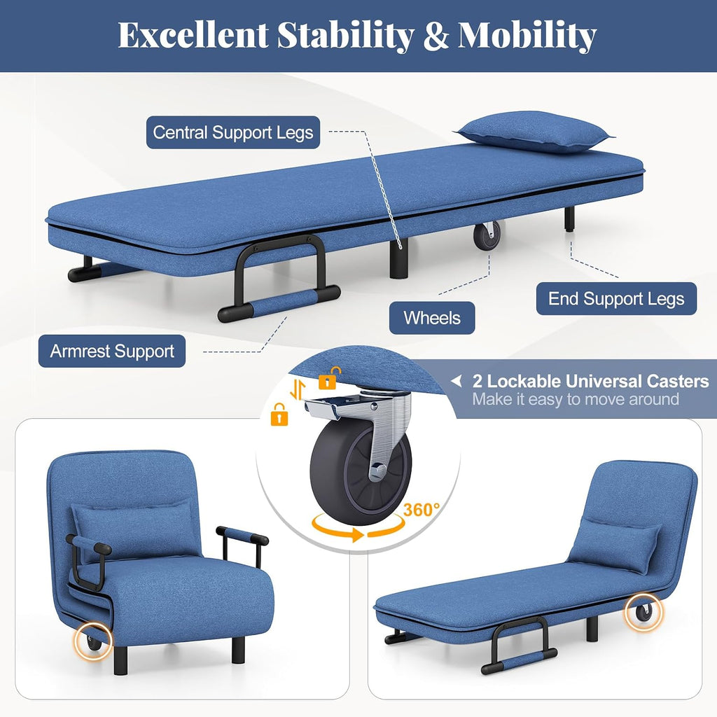 Giantex Convertible Sofa Bed, 3-in-1 Folding Sleeper Chair with 5-Position Adjustable Backrest, Wheels, 2 Legs, Recliner Chaise Lounge with Pillow, Armchairs for Nursery Living Room Office (Blue)