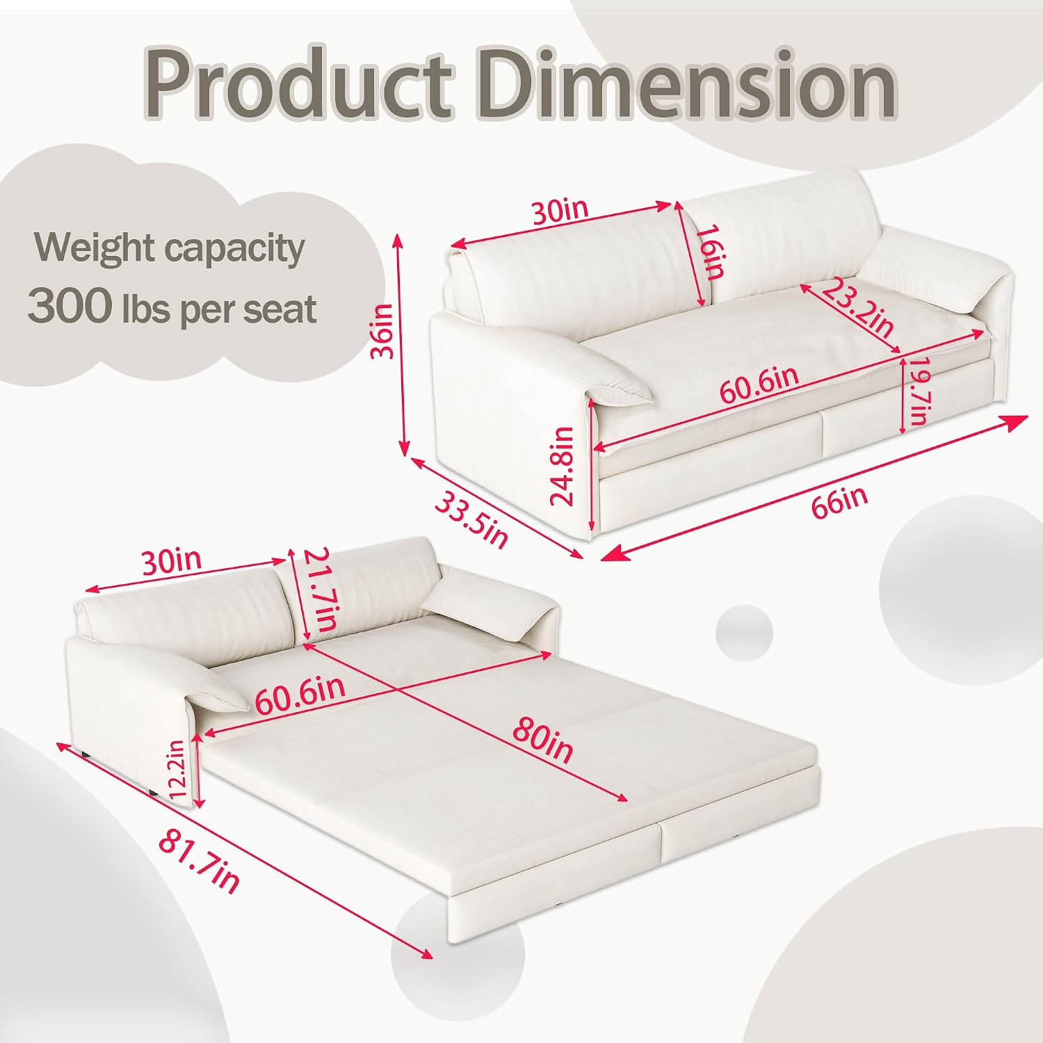 66' Queen Size Pull Out Sofa Bed, 3-in-1 Convertible Sleeper with Side Storage and Wheels, Velvet Loveseat for Living Room, Apartment, Bedroom, Beige (Mattress & Bedding Not Included)