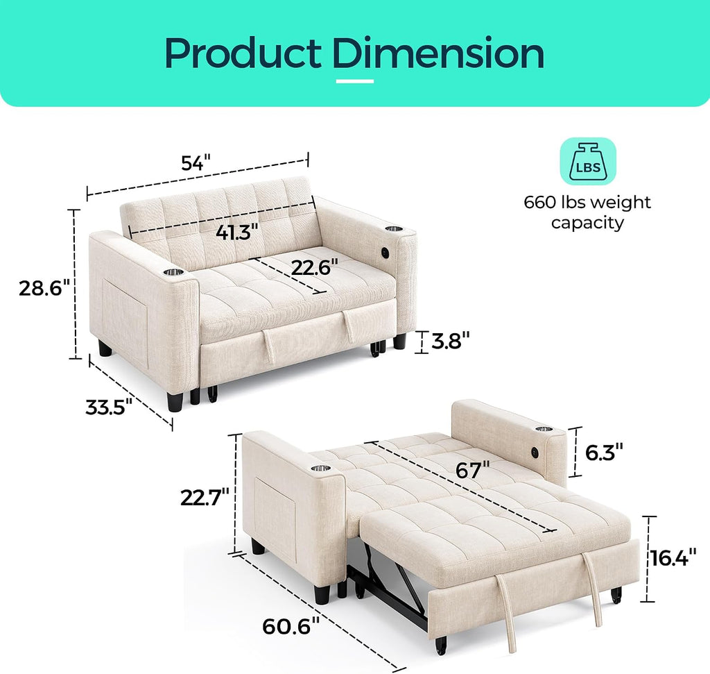 LINSY 3-in-1 Convertible Sofa Bed, 54' Pull Out Sleeper Sofa with Charging Station & Cup Holder, Small Folding Loveseat with Side Pocket for Small Space, Corduroy Couch, Beige