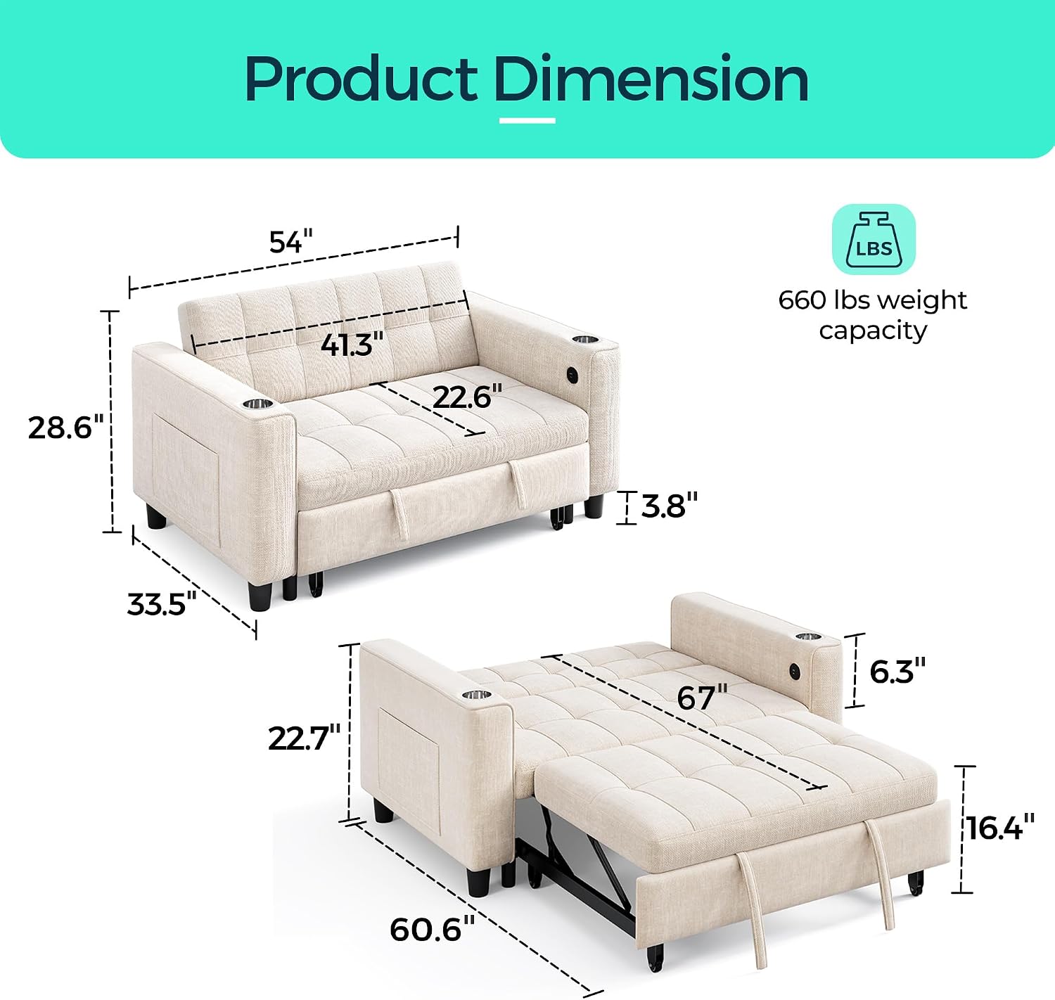 LINSY 3-in-1 Convertible Sofa Bed, 54' Pull Out Sleeper Sofa with Charging Station & Cup Holder, Small Folding Loveseat with Side Pocket for Small Space, Corduroy Couch, Beige
