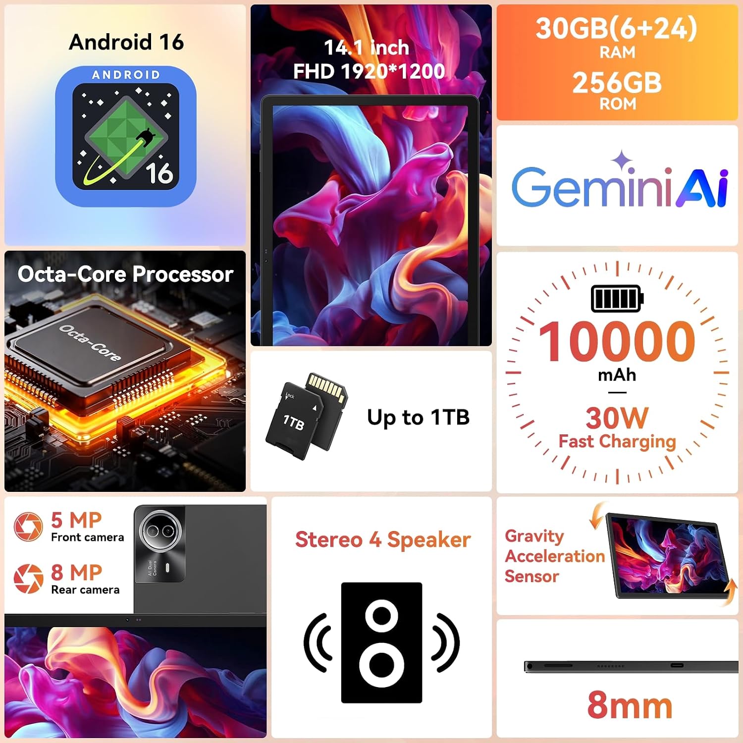 Urao Tablet｜14 inch Android 16 Tablet｜30GB RAM 256GB ROM ｜1920 * 1200 IPS FHD｜10000mAh 30W Fast Charging｜Octa-core Processor｜Wi-Fi 6, BT 5.4｜Dual Camera with Gemini AI｜Keyboard｜Stylus｜Case｜Headphone