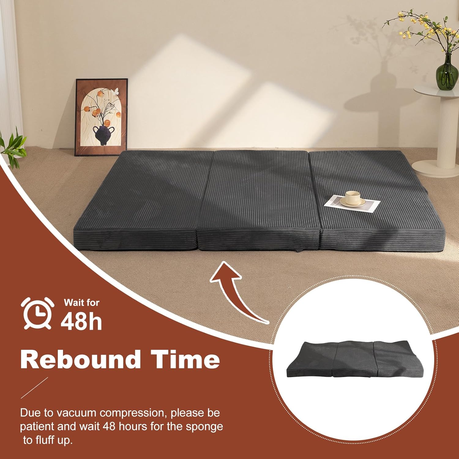 6-Inch Tri-Fold Foldable Mattress, Folding Sofa Bed with Removable Washable Cover, Portable Futon Mattress Full Size Floor Guest Mat with Non-Slip Bottom & Carry Handles for Camping (Grey, Queen)